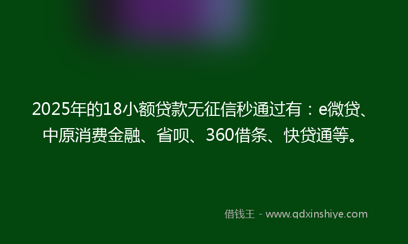 2025年的18小额贷款无征信秒通过有：e微贷、中原消费金融、省呗、360借条、快贷通等。