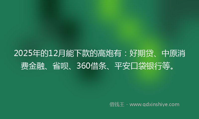 2025年的12月能下款的高炮有：好期贷、中原消费金融、省呗、360借条、平安口袋银行等。