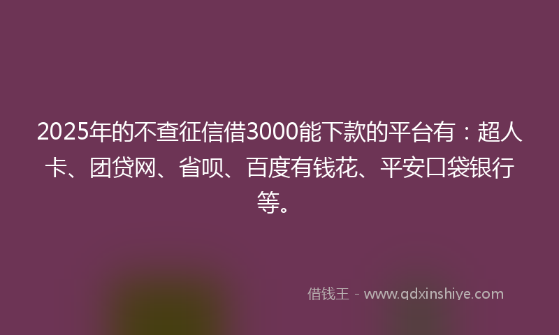 2025年的不查征信借3000能下款的平台有：超人卡、团贷网、省呗、百度有钱花、平安口袋银行等。