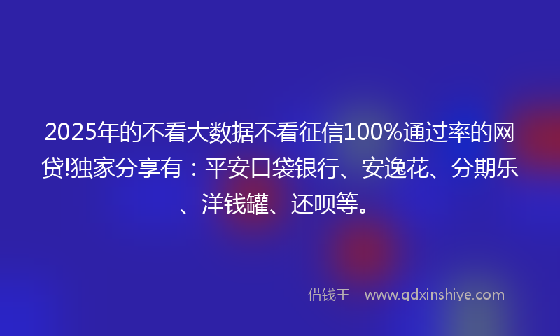 2025年的不看大数据不看征信100%通过率的网贷!独家分享有：平安口袋银行、安逸花、分期乐、洋钱罐、还呗等。