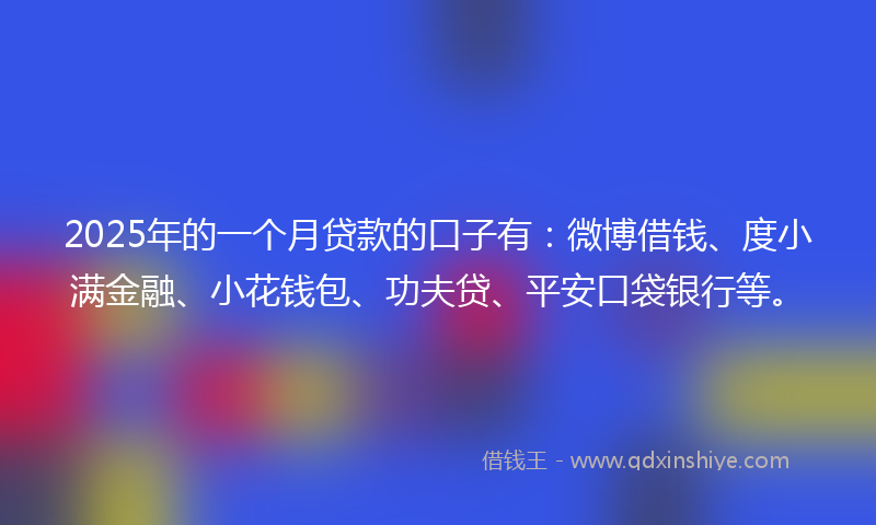 2025年的一个月贷款的口子有：微博借钱、度小满金融、小花钱包、功夫贷、平安口袋银行等。