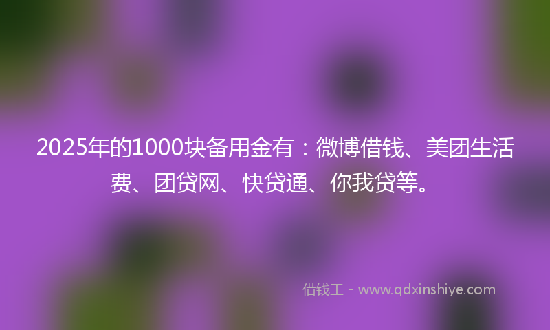 2025年的1000块备用金有：微博借钱、美团生活费、团贷网、快贷通、你我贷等。