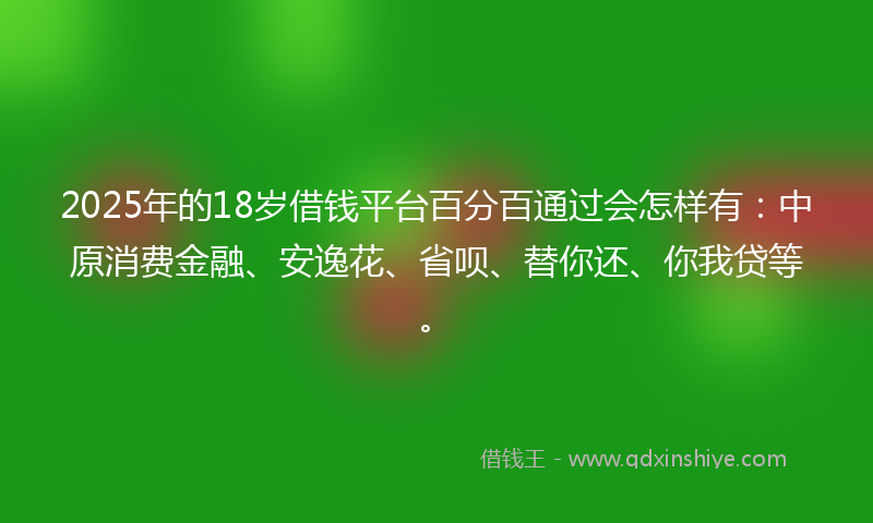 2025年的18岁借钱平台百分百通过会怎样有：中原消费金融、安逸花、省呗、替你还、你我贷等。