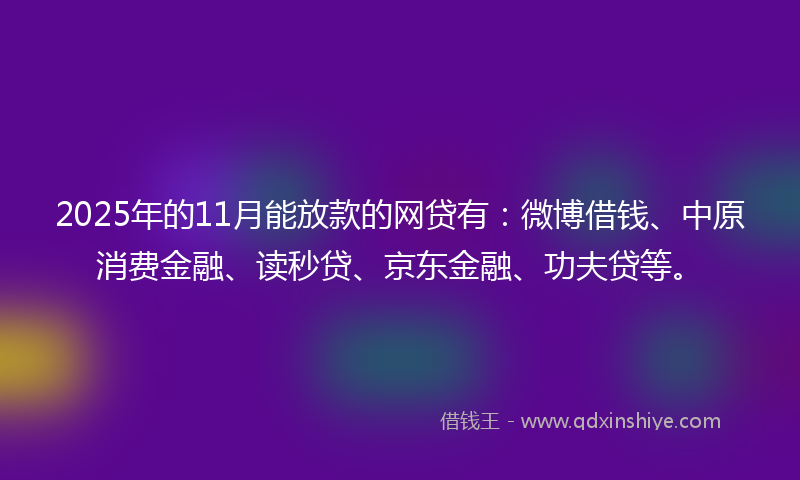 2025年的11月能放款的网贷有：微博借钱、中原消费金融、读秒贷、京东金融、功夫贷等。