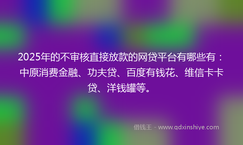 2025年的不审核直接放款的网贷平台有哪些有：中原消费金融、功夫贷、百度有钱花、维信卡卡贷、洋钱罐等。