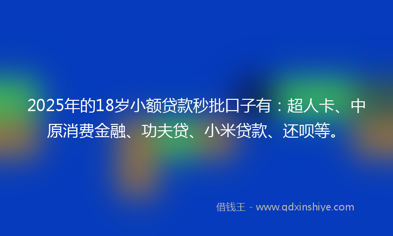 2025年的18岁小额贷款秒批口子有：超人卡、中原消费金融、功夫贷、小米贷款、还呗等。