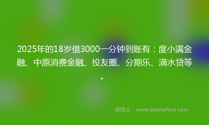2025年的18岁借3000一分钟到账有：度小满金融、中原消费金融、投友圈、分期乐、滴水贷等。