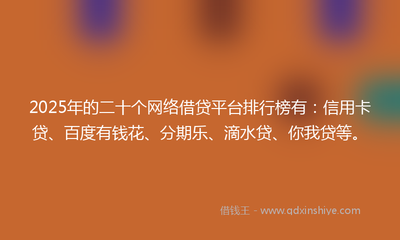 2025年的二十个网络借贷平台排行榜有：信用卡贷、百度有钱花、分期乐、滴水贷、你我贷等。