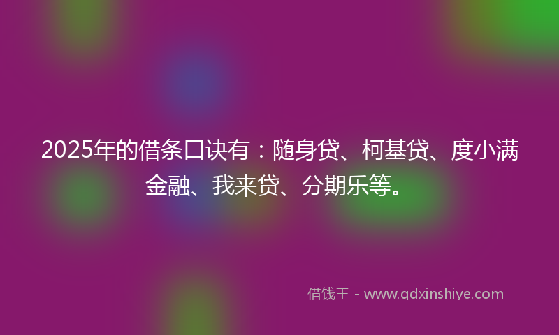 2025年的借条口诀有：随身贷、柯基贷、度小满金融、我来贷、分期乐等。