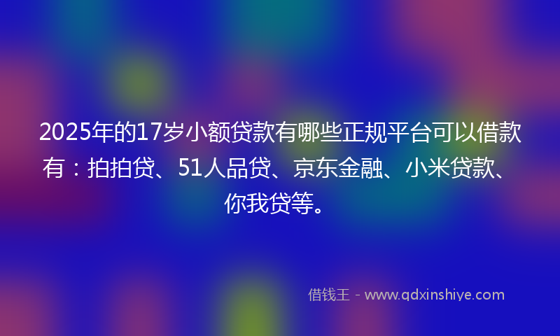 2025年的17岁小额贷款有哪些正规平台可以借款有：拍拍贷、51人品贷、京东金融、小米贷款、你我贷等。