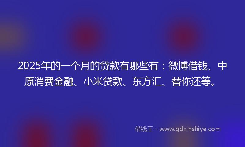 2025年的一个月的贷款有哪些有:微博借钱、中原消费金融、小米贷款、东方汇、替你还等。
