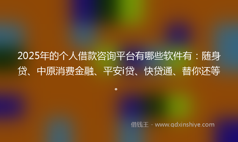 2025年的个人借款咨询平台有哪些软件有：随身贷、中原消费金融、平安i贷、快贷通、替你还等。