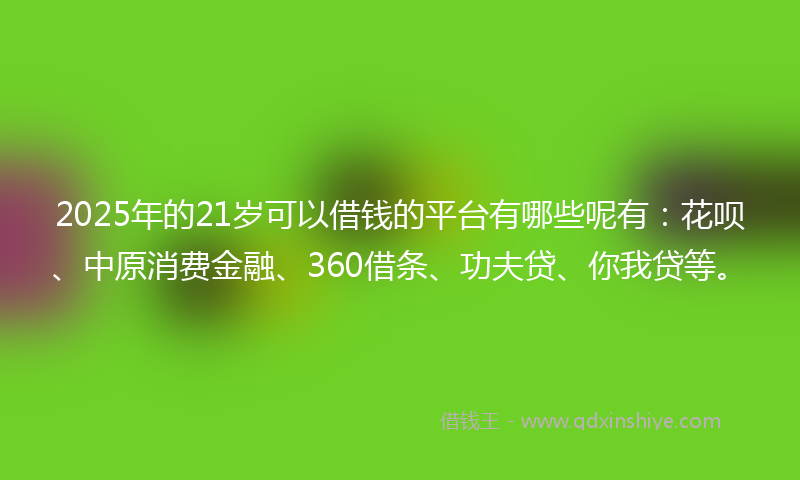 2025年的21岁可以借钱的平台有哪些呢有：花呗、中原消费金融、360借条、功夫贷、你我贷等。