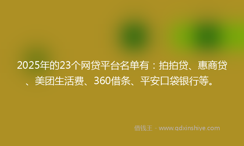 2025年的23个网贷平台名单有：拍拍贷、惠商贷、美团生活费、360借条、平安口袋银行等。