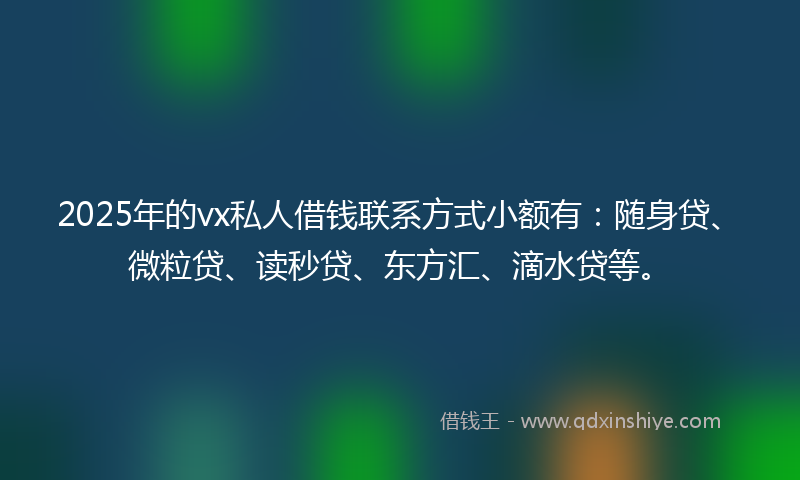 2025年的vx私人借钱联系方式小额有：随身贷、微粒贷、读秒贷、东方汇、滴水贷等。