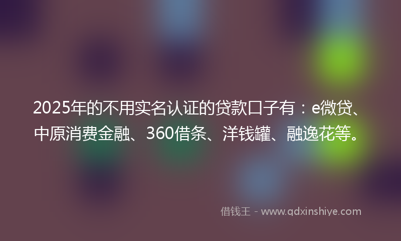 2025年的不用实名认证的贷款口子有：e微贷、中原消费金融、360借条、洋钱罐、融逸花等。
