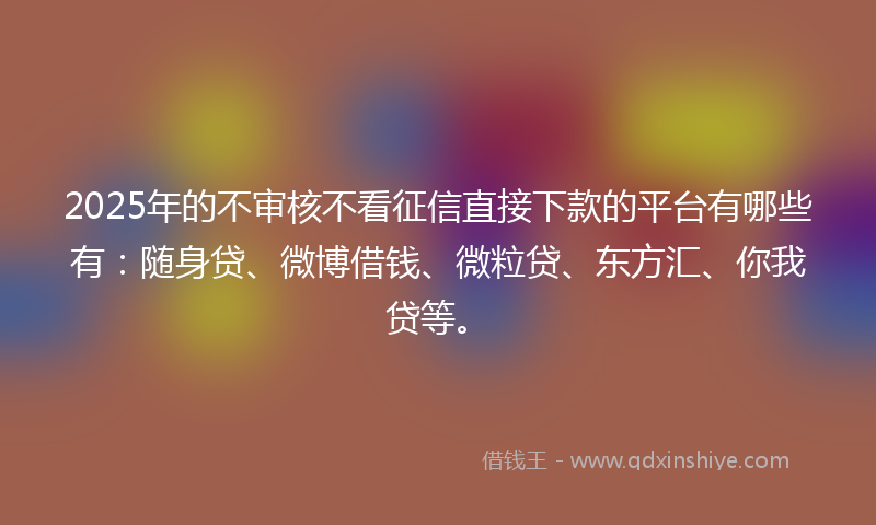 2025年的不审核不看征信直接下款的平台有哪些有：随身贷、微博借钱、微粒贷、东方汇、你我贷等。