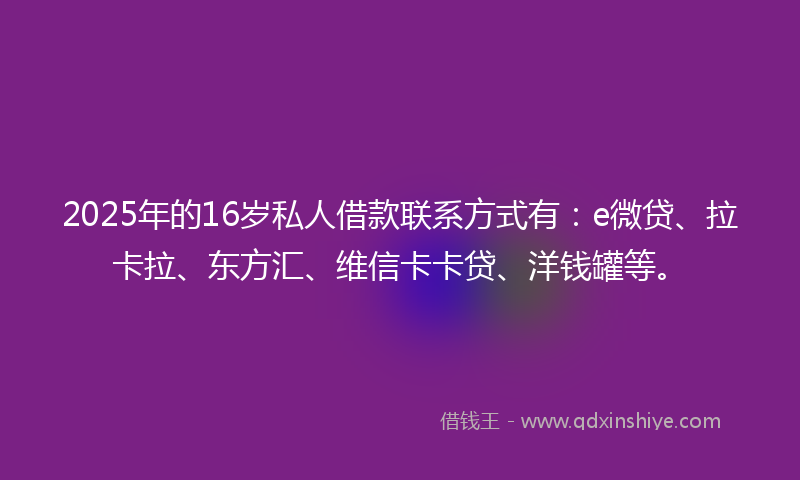 2025年的16岁私人借款联系方式有：e微贷、拉卡拉、东方汇、维信卡卡贷、洋钱罐等。