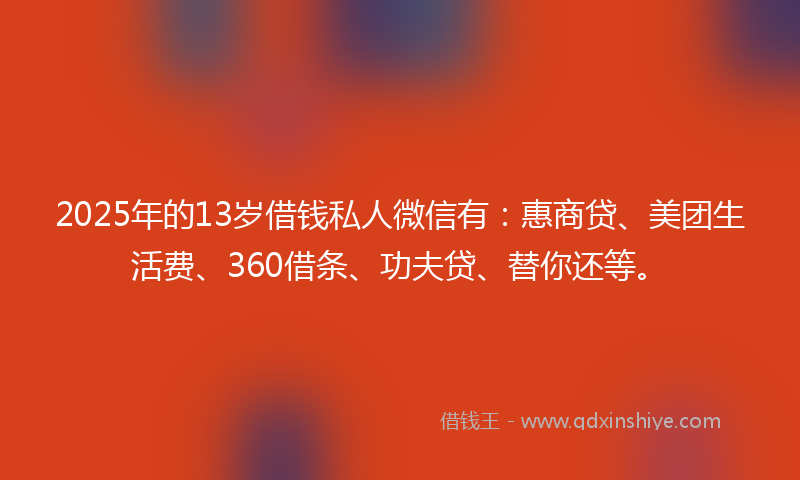 2025年的13岁借钱私人微信有：惠商贷、美团生活费、360借条、功夫贷、替你还等。