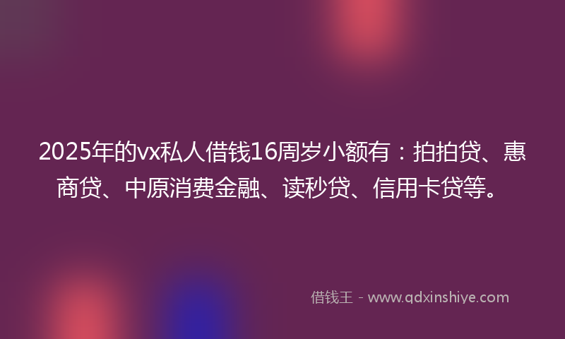 2025年的vx私人借钱16周岁小额有：拍拍贷、惠商贷、中原消费金融、读秒贷、信用卡贷等。