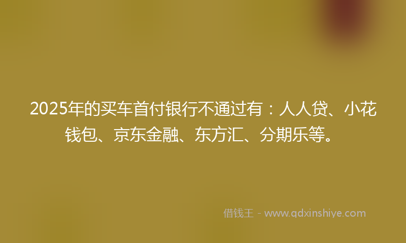 2025年的买车首付银行不通过有：人人贷、小花钱包、京东金融、东方汇、分期乐等。