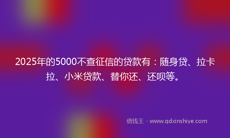 2025年的5000不查征信的贷款有：随身贷、拉卡拉、小米贷款、替你还、还呗等。