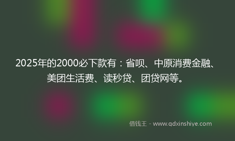 2025年的2000必下款有：省呗、中原消费金融、美团生活费、读秒贷、团贷网等。