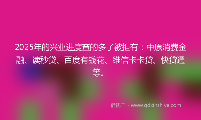2025年的兴业进度查的多了被拒有：中原消费金融、读秒贷、百度有钱花、维信卡卡贷、快贷通等。
