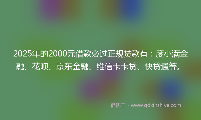 2025年的2000元借款必过正规贷款有：度小满金融、花呗、京东金融、维信卡卡贷、快贷通等。