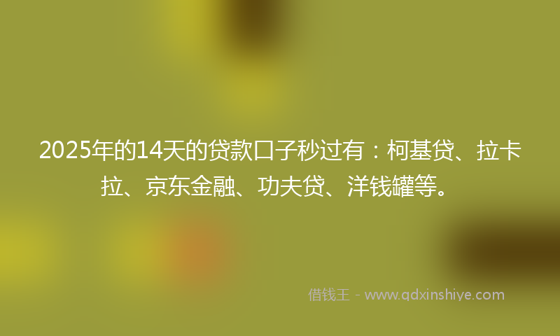 2025年的14天的贷款口子秒过有：柯基贷、拉卡拉、京东金融、功夫贷、洋钱罐等。