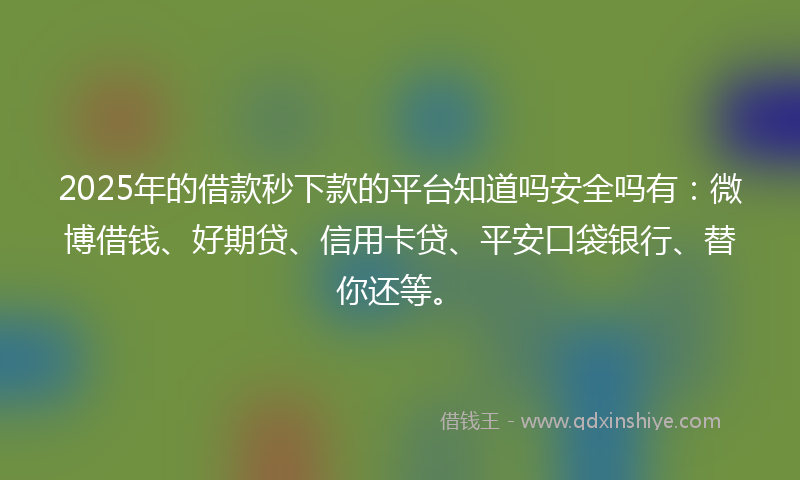 2025年的借款秒下款的平台知道吗安全吗有：微博借钱、好期贷、信用卡贷、平安口袋银行、替你还等。