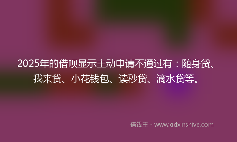 2025年的借呗显示主动申请不通过有：随身贷、我来贷、小花钱包、读秒贷、滴水贷等。