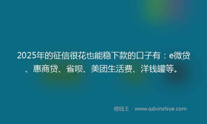 2025年的征信很花也能稳下款的口子有：e微贷、惠商贷、省呗、美团生活费、洋钱罐等。