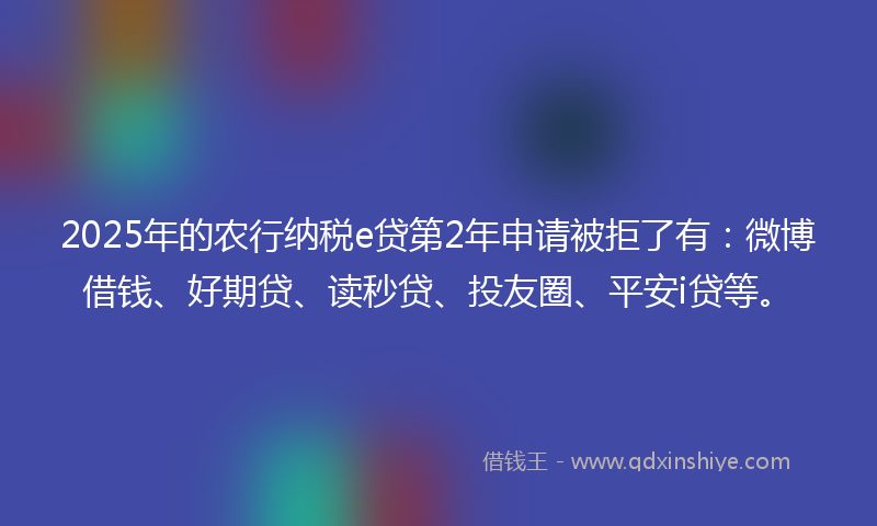 2025年的农行纳税e贷第2年申请被拒了有：微博借钱、好期贷、读秒贷、投友圈、平安i贷等。