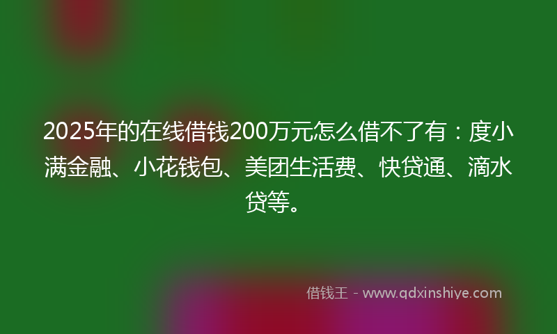 2025年的在线借钱200万元怎么借不了有：度小满金融、小花钱包、美团生活费、快贷通、滴水贷等。
