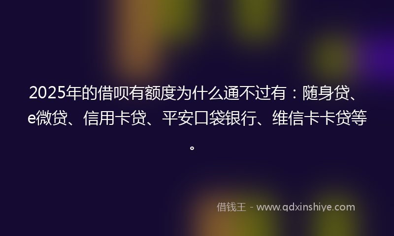 2025年的借呗有额度为什么通不过有：随身贷、e微贷、信用卡贷、平安口袋银行、维信卡卡贷等。