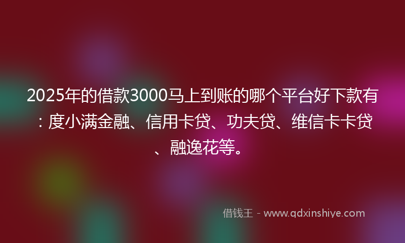2025年的借款3000马上到账的哪个平台好下款有：度小满金融、信用卡贷、功夫贷、维信卡卡贷、融逸花等。