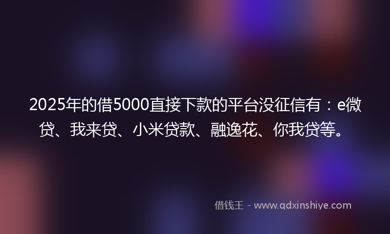 2025年的借5000直接下款的平台没征信有：e微贷、我来贷、小米贷款、融逸花、你我贷等。
