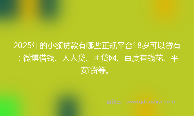 2025年的小额贷款有哪些正规平台18岁可以贷有：微博借钱、人人贷、团贷网、百度有钱花、平安i贷等。