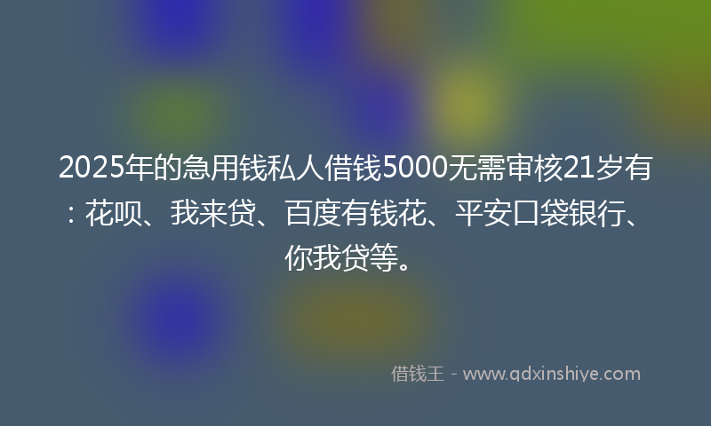 2025年的急用钱私人借钱5000无需审核21岁有：花呗、我来贷、百度有钱花、平安口袋银行、你我贷等。