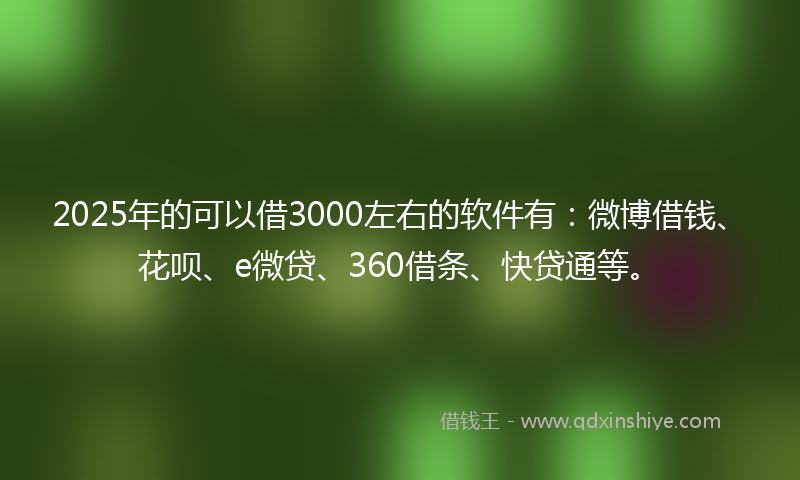 2025年的可以借3000左右的软件有：微博借钱、花呗、e微贷、360借条、快贷通等。