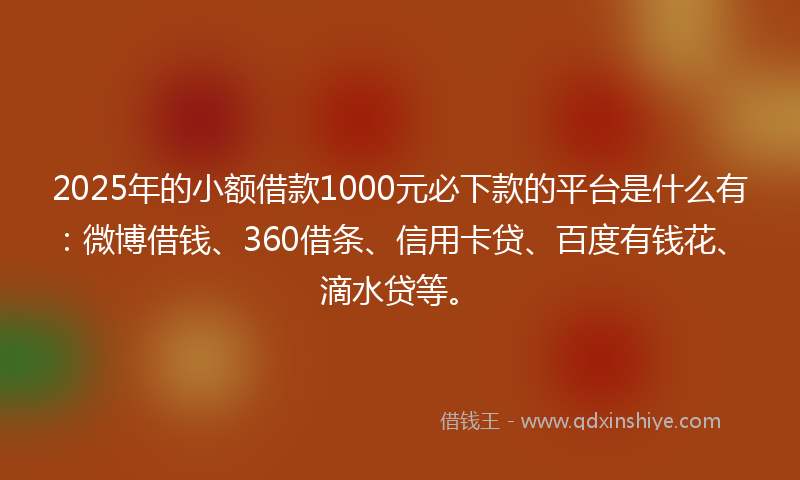2025年的小额借款1000元必下款的平台是什么有：微博借钱、360借条、信用卡贷、百度有钱花、滴水贷等。