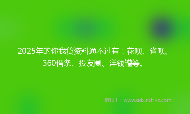 2025年的你我贷资料通不过有：花呗、省呗、360借条、投友圈、洋钱罐等。