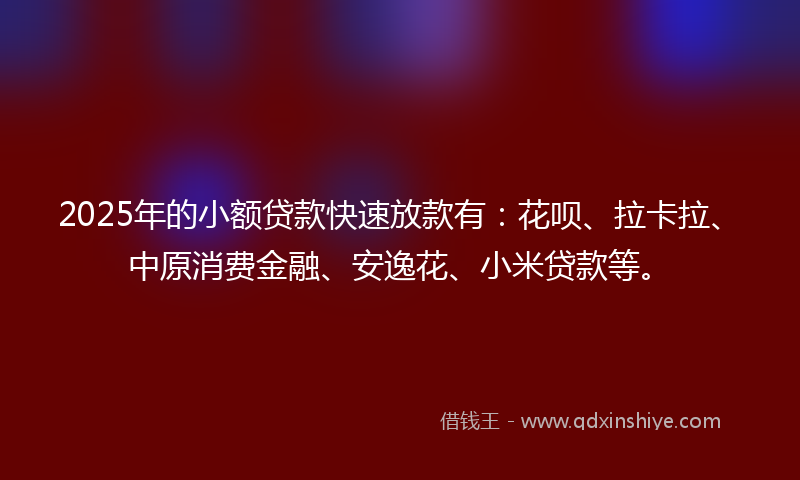 2025年的小额贷款快速放款有：花呗、拉卡拉、中原消费金融、安逸花、小米贷款等。