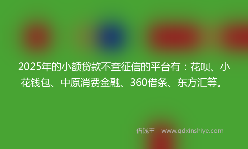 2025年的小额贷款不查征信的平台有：花呗、小花钱包、中原消费金融、360借条、东方汇等。