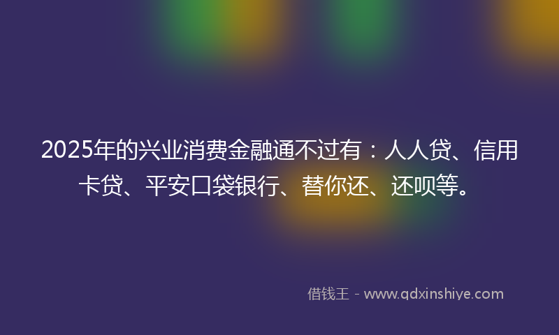 2025年的兴业消费金融通不过有：人人贷、信用卡贷、平安口袋银行、替你还、还呗等。