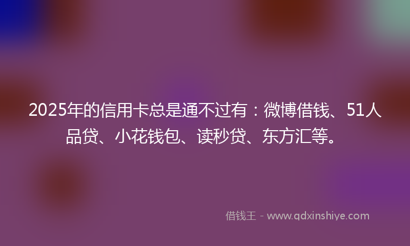 2025年的信用卡总是通不过有：微博借钱、51人品贷、小花钱包、读秒贷、东方汇等。