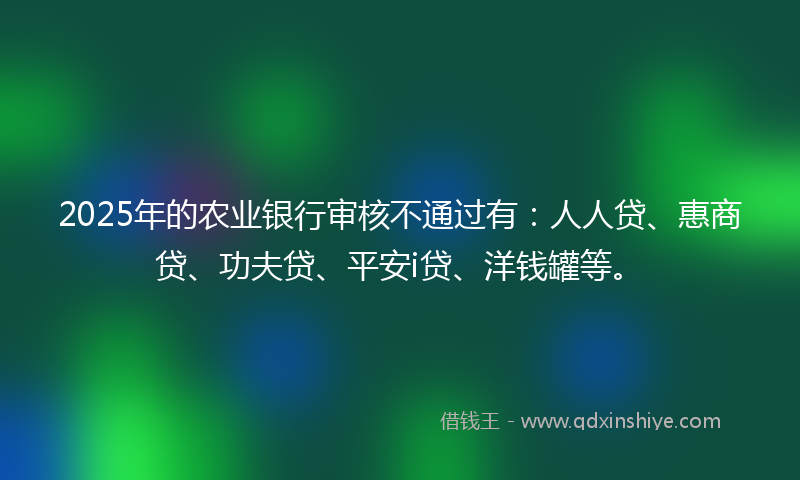 2025年的农业银行审核不通过有：人人贷、惠商贷、功夫贷、平安i贷、洋钱罐等。