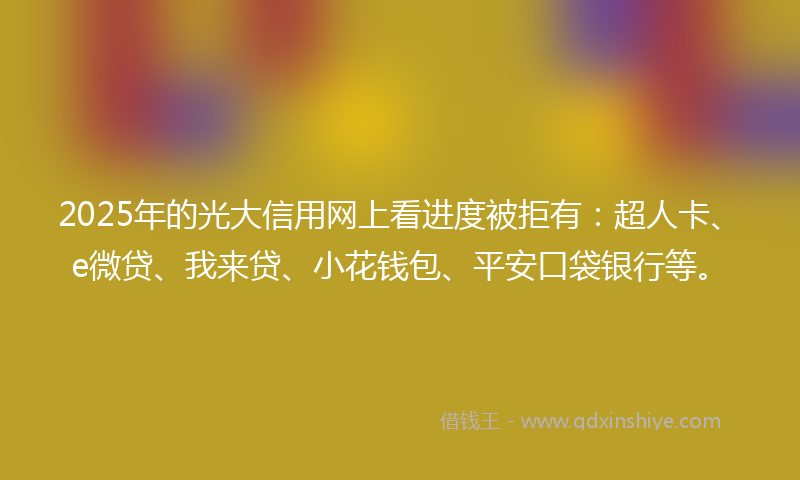 2025年的光大信用网上看进度被拒有：超人卡、e微贷、我来贷、小花钱包、平安口袋银行等。
