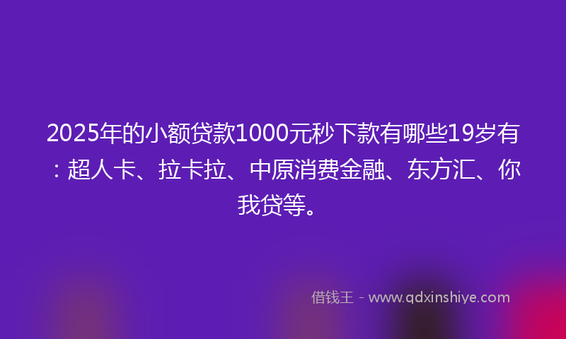 2025年的小额贷款1000元秒下款有哪些19岁有：超人卡、拉卡拉、中原消费金融、东方汇、你我贷等。